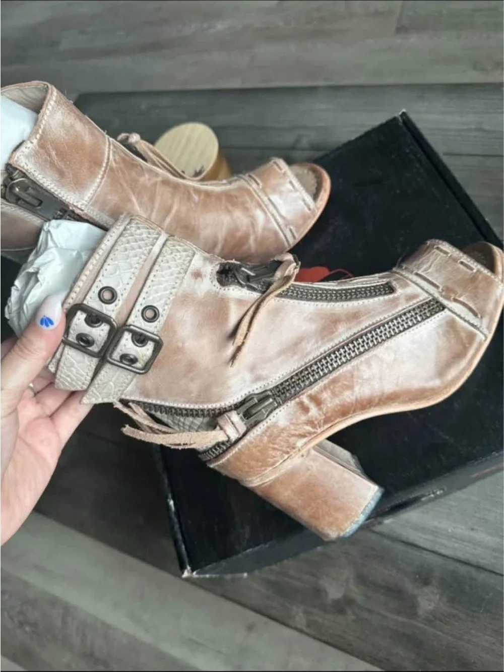 freebird Taupe Open-Toe Ankle Heeled Boots with Buckles